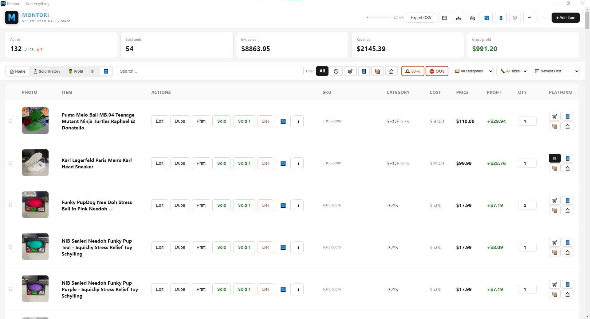 Montori home inventory view with KPIs at the top, filter buttons, and rows of items with prices and profit