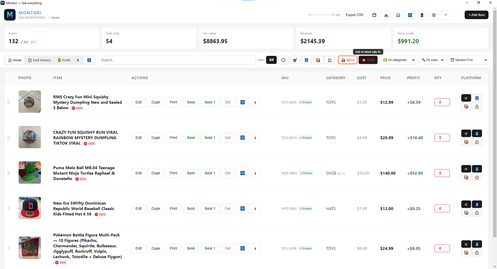 Out-of-stock filter showing items at qty 0 needing restock