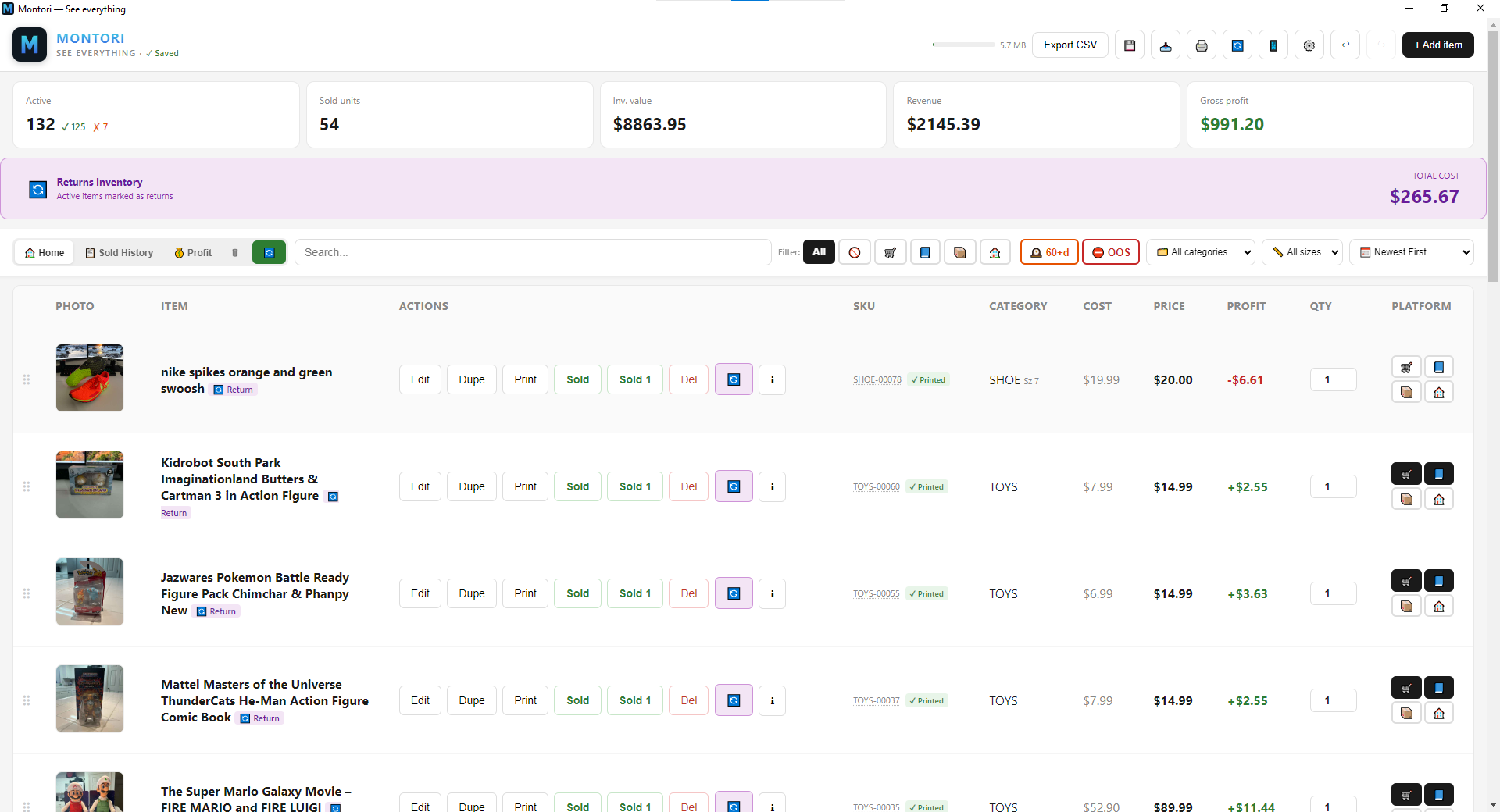 Returns inventory view showing items marked as returns with total cost tied up